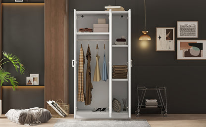 White 3-Door Wardrobe with Center Mirror – Particle Board Closet Organizer with Hanging Space