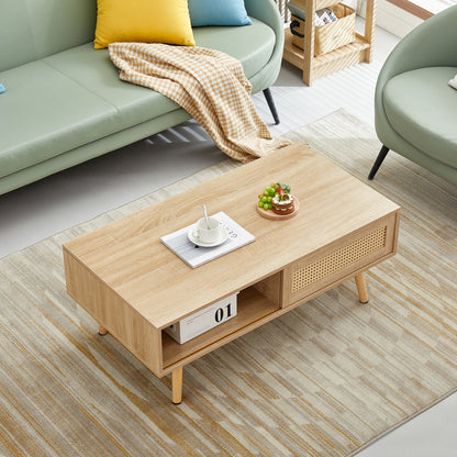 Rattan Coffee Table with Sliding Door Storage