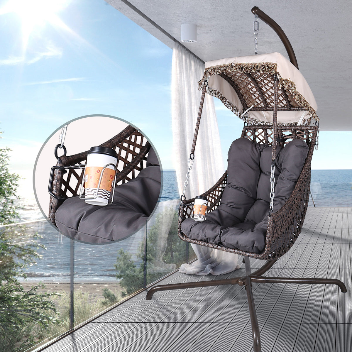 Rattan Swing Egg Chair with Stand Beige