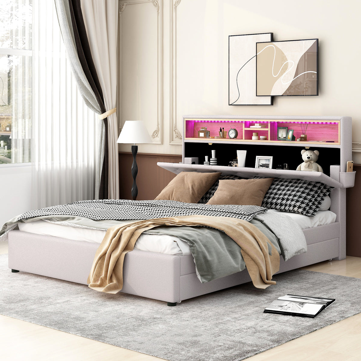 Queen LED Upholstered Storage Bed – Beige