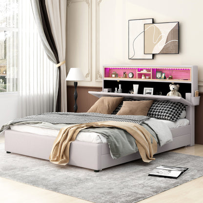 Queen LED Upholstered Storage Bed – Beige