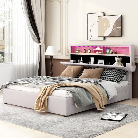 Queen LED Upholstered Storage Bed – Beige