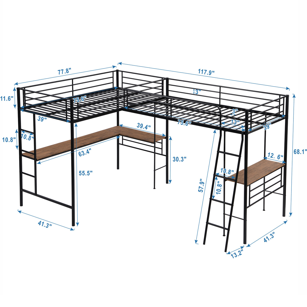 Twin Metal Loft Bed with Desk Black