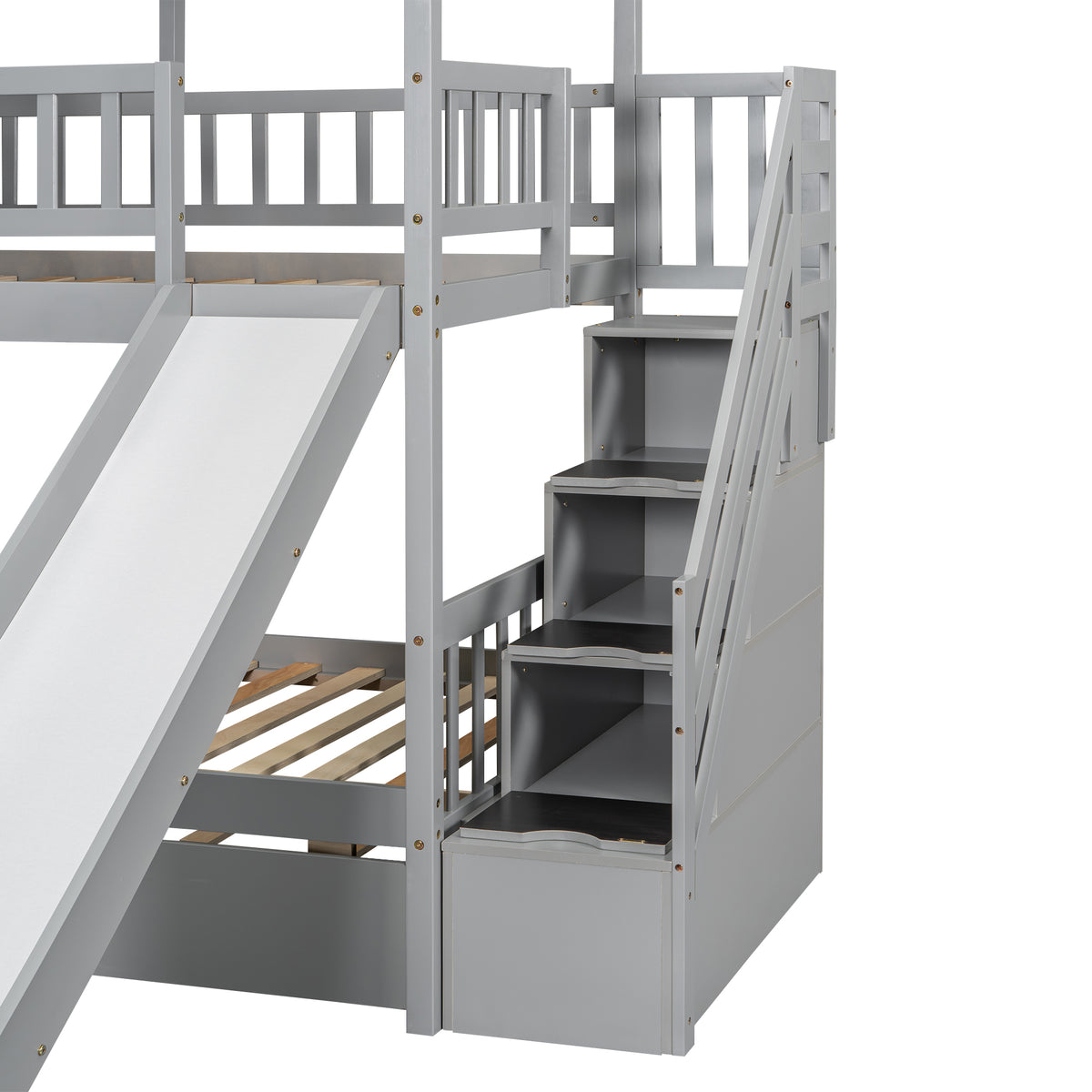 Twin Bunk Bed with Roof and Ladder Gray