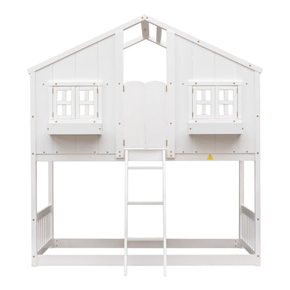 Twin House Bunk Bed with Ladder White