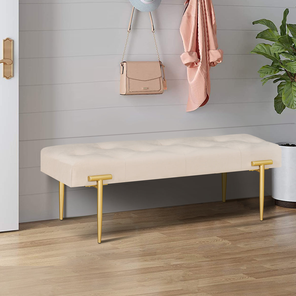 Modern Ottoman Bench with Gold Legs and Cushion
