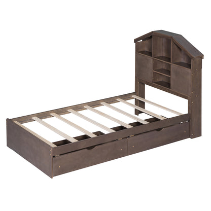 Twin Platform Bed with Storage Drawers Walnut