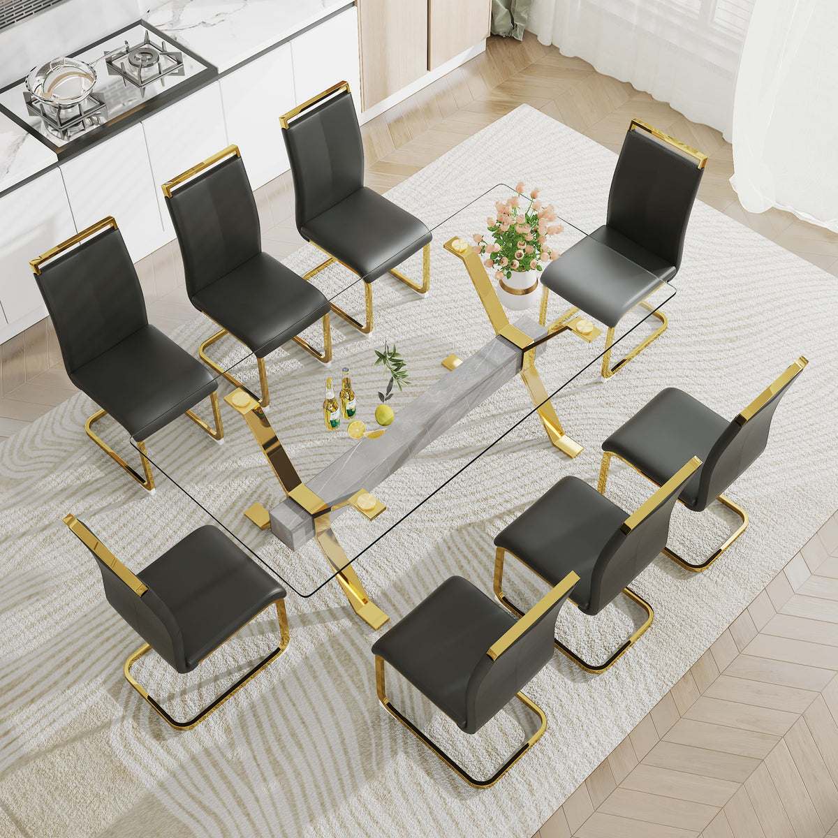 Glass Dining Table with Gold Metal Legs