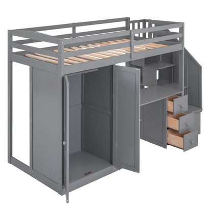 Twin Loft Bed with Wardrobe Gray
