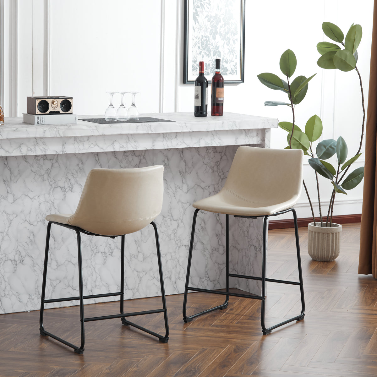 Retro Leather Bar Stool Set (2 pcs) – Cream & Black