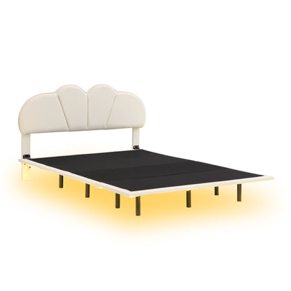 Upholstered Queen Bed with PU Headboard Beige