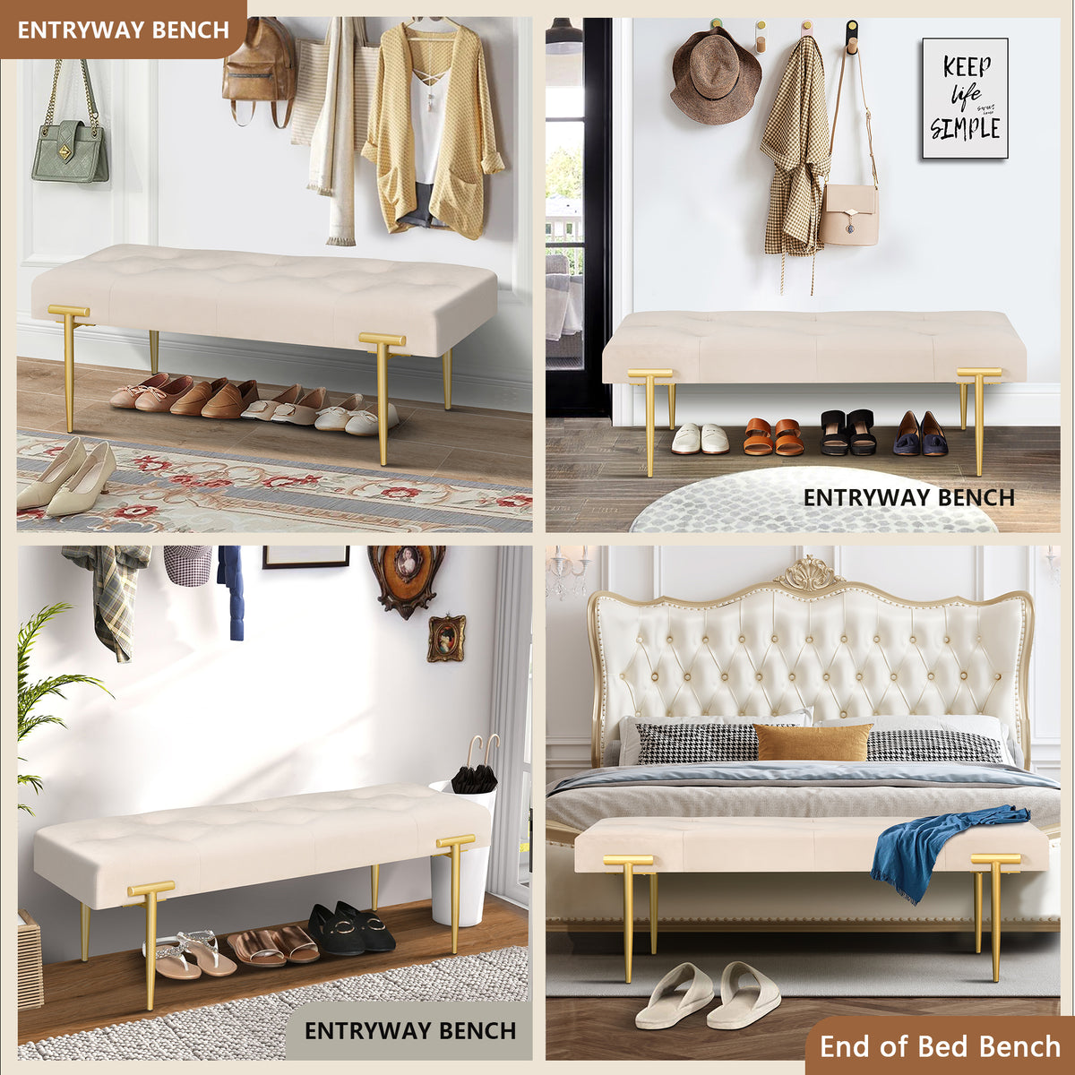 Modern Ottoman Bench with Gold Legs and Cushion
