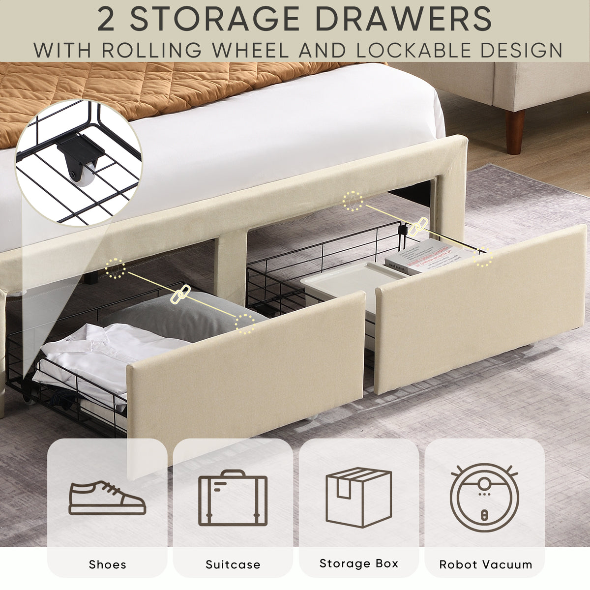 Full Size Upholstered Bed with Drawers – Beige