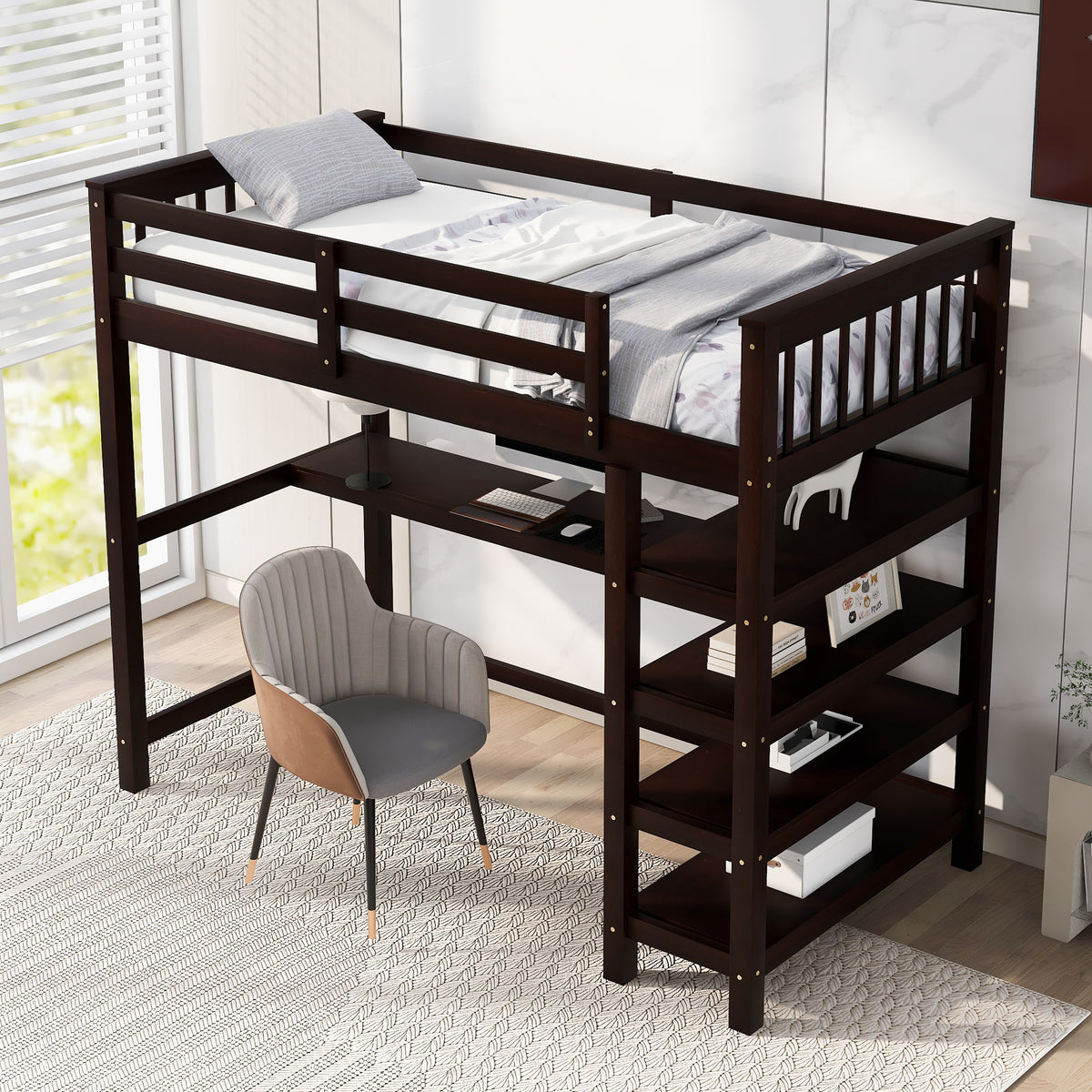 Twin Loft Bed with Storage Espresso Finish