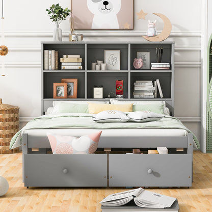 Full Platform Bed with Headboard and Drawers Gray