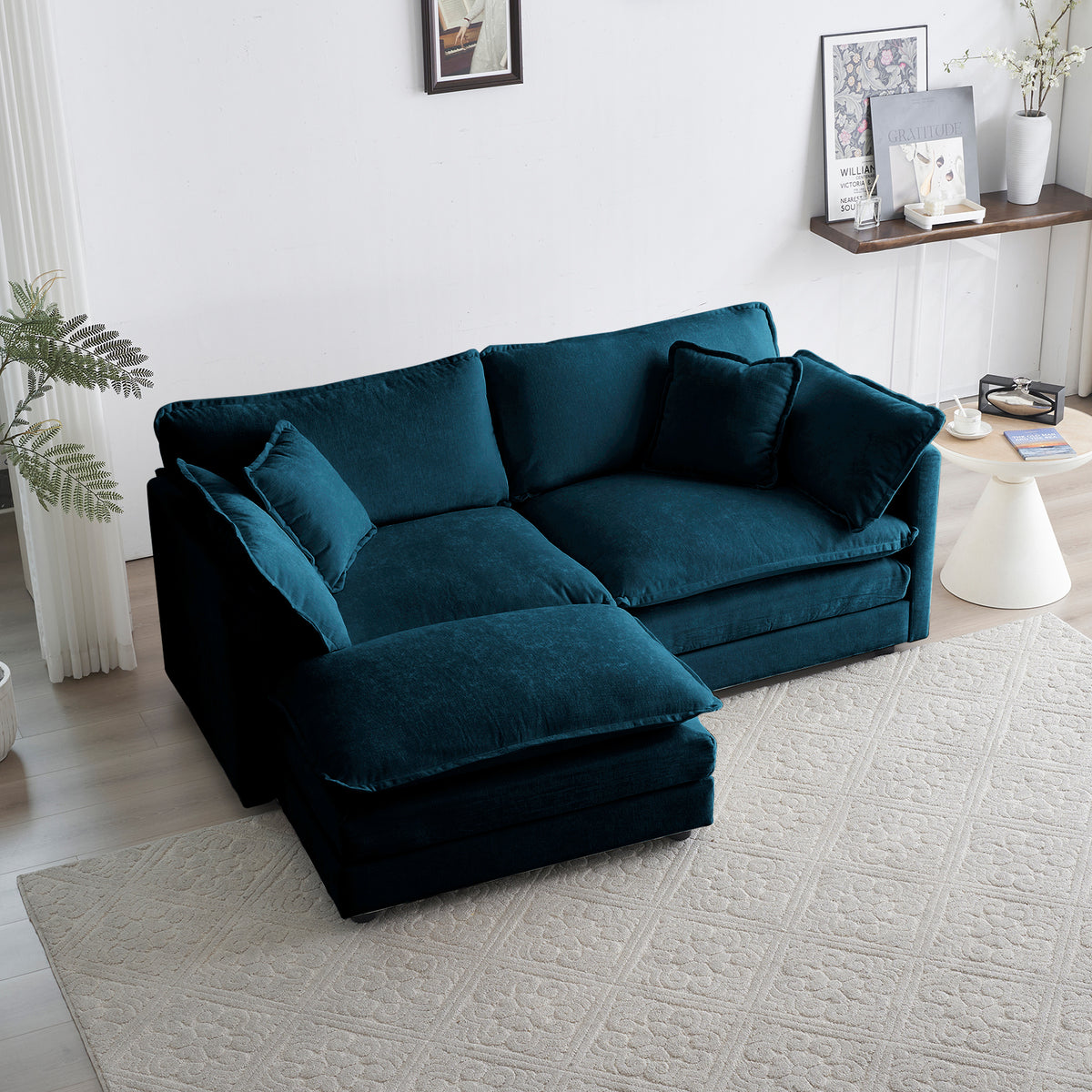Chenille Sectional Sofa with Ottoman Blue