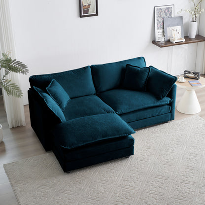 Chenille Sectional Sofa with Ottoman Blue