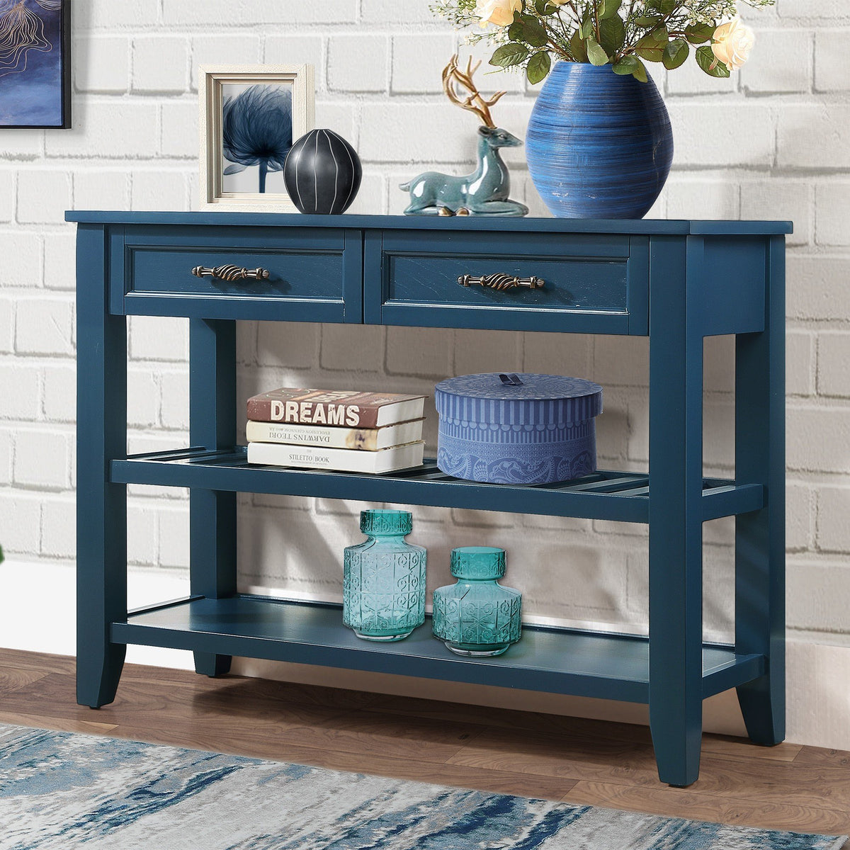 Mid-Century Console Table with Storage Drawers – Navy Blue