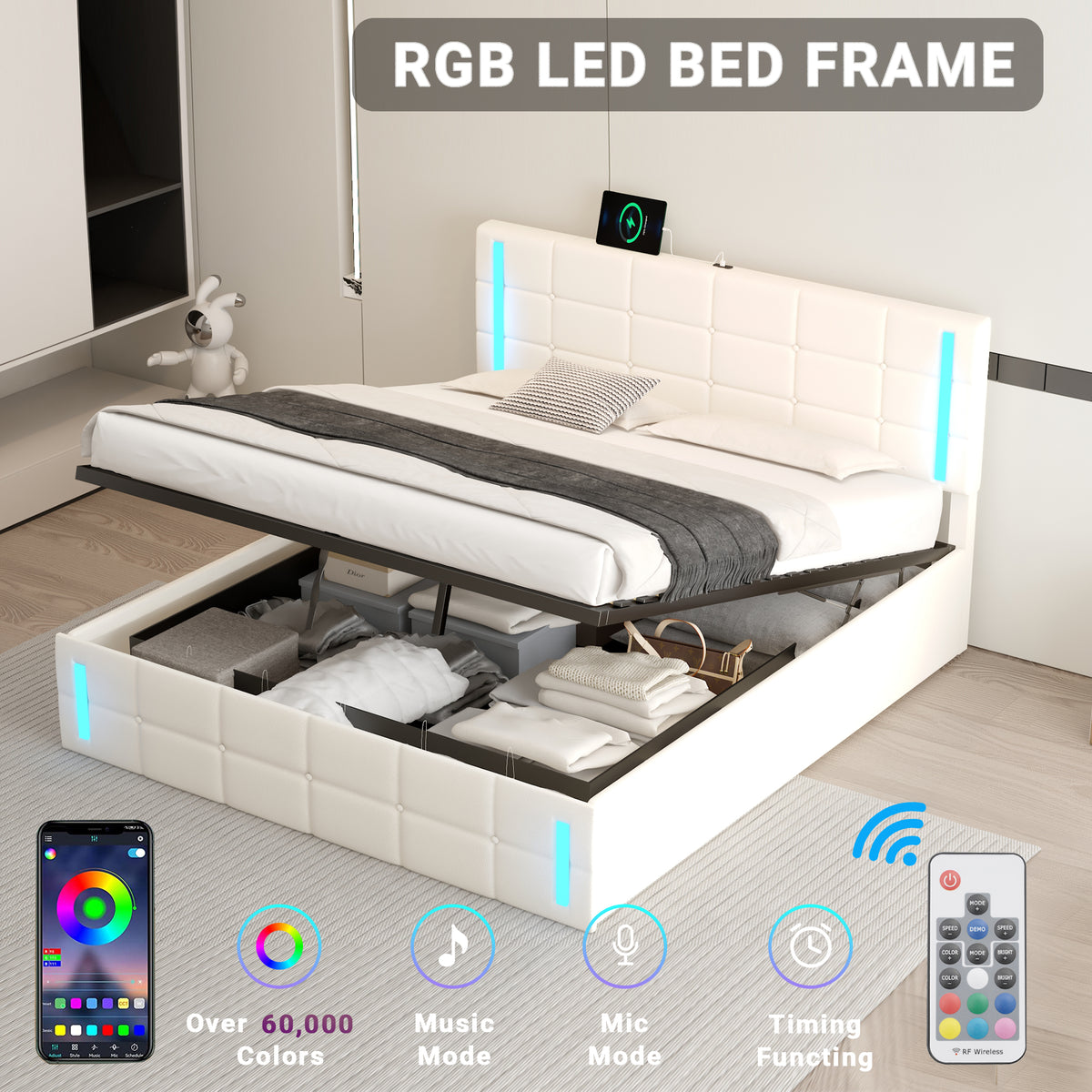 Queen Upholstered Bed with LED White