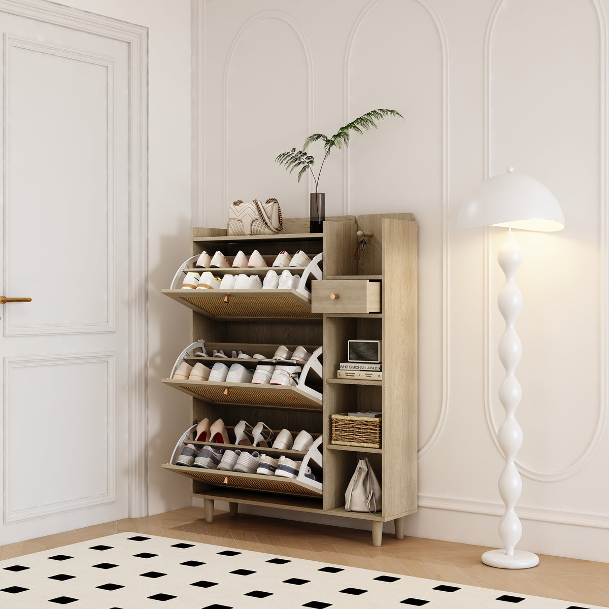 Bohemian Shoe Cabinet with Rattan Flip Drawers Natural