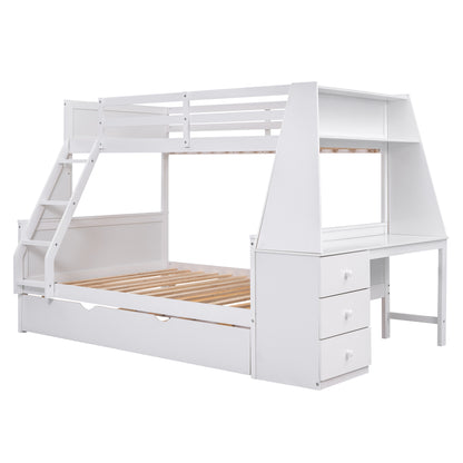 Twin Over Full Bunk Bed with Built-In Desk White