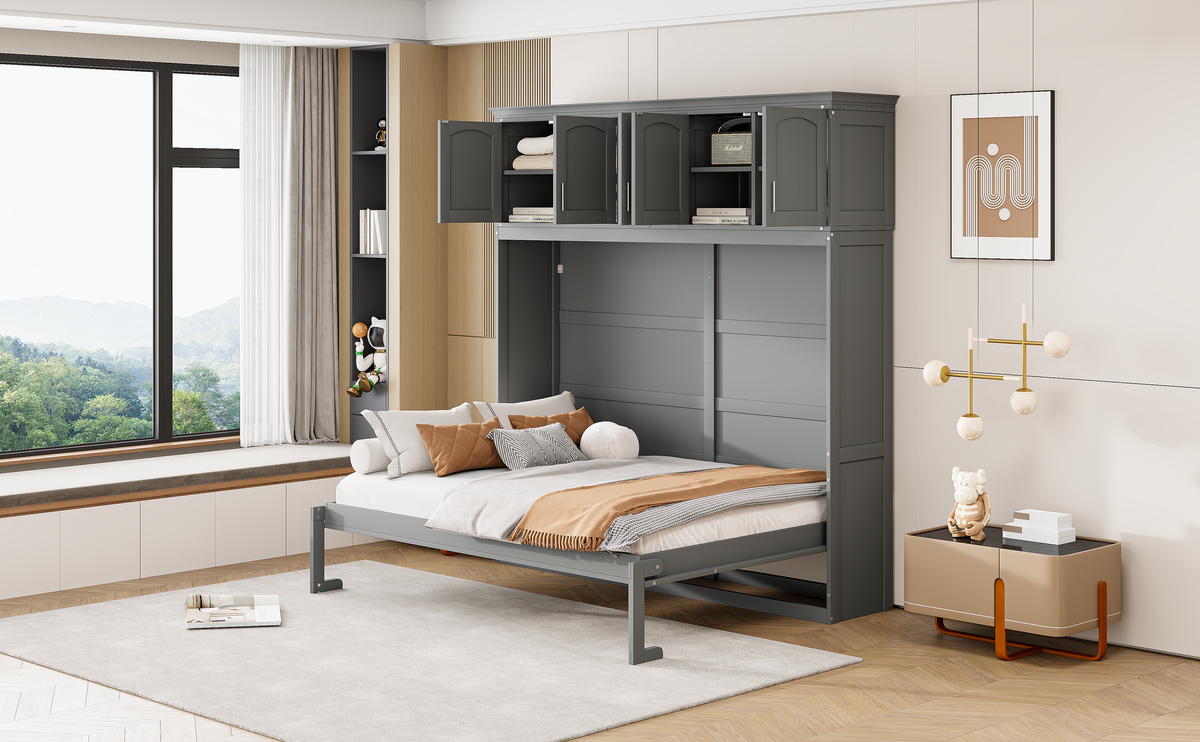 Gray Murphy Bed with Top Cabinets