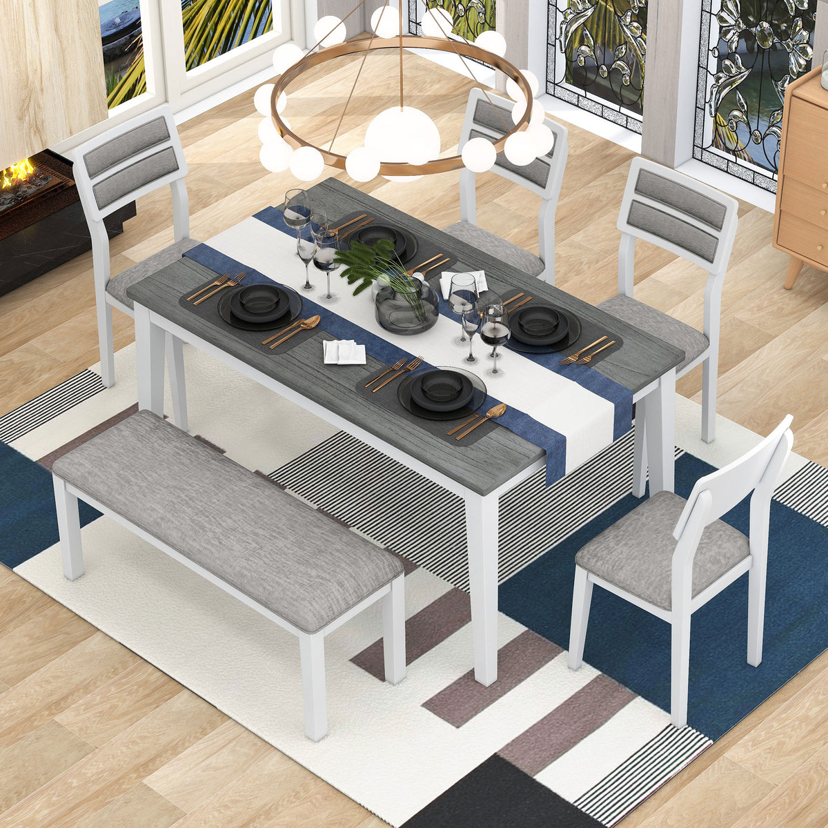 6-Piece Dining Set with Bench White and Gray