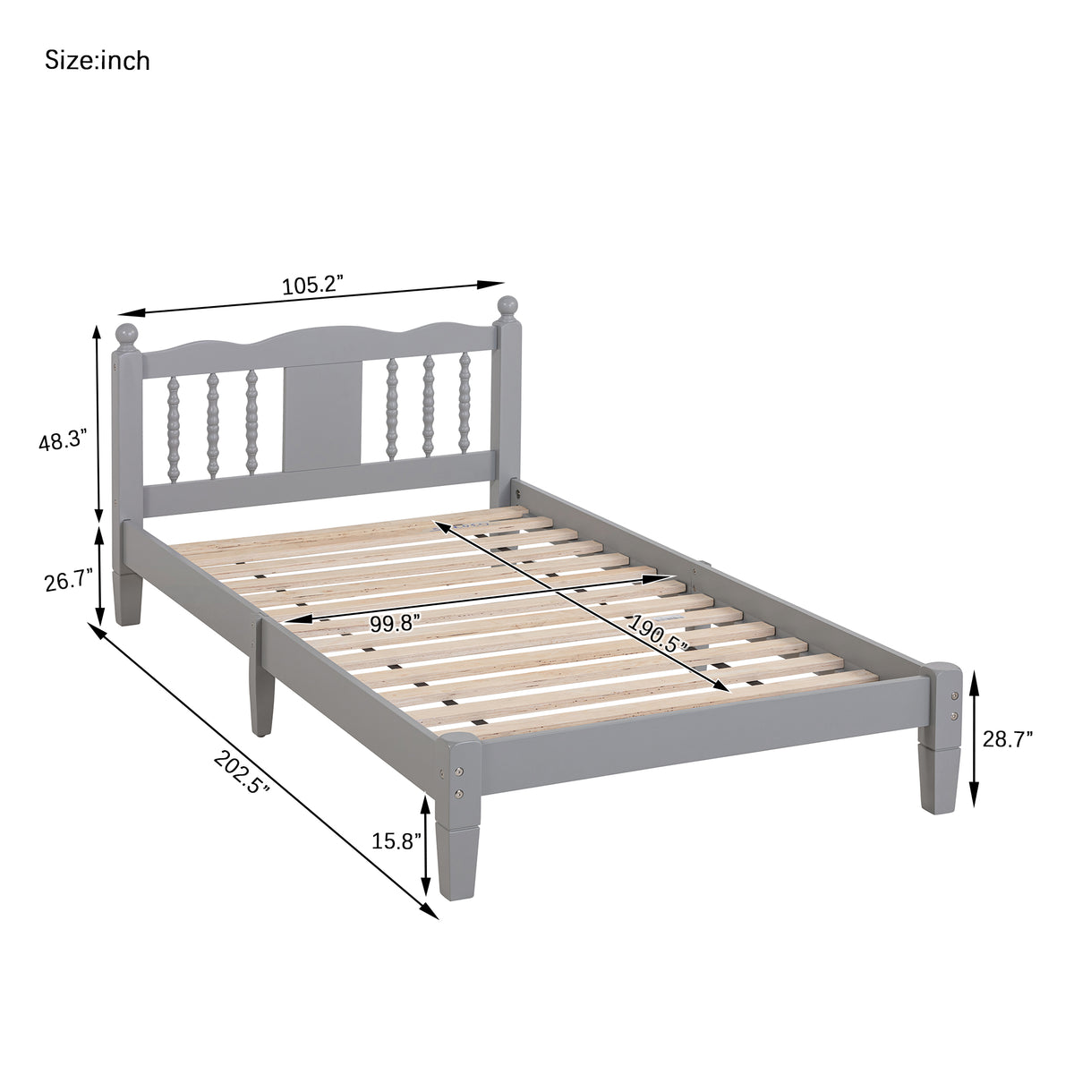Twin Platform Bed with Slatted Headboard Gray