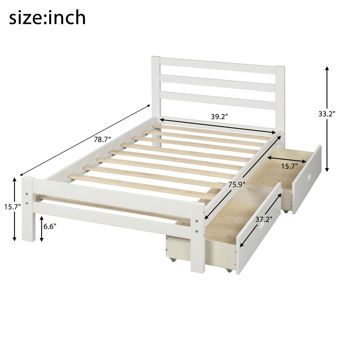 Wood Platform Bed with Drawers White