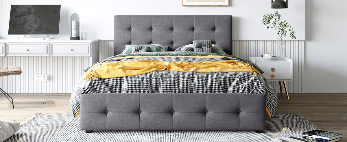 Linen Upholstered Platform Bed with Drawers Dark Gray