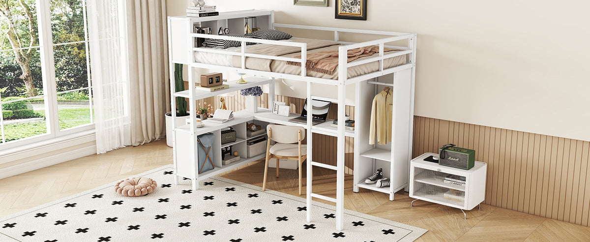 Full Loft Bed with Wardrobe and Shelf White