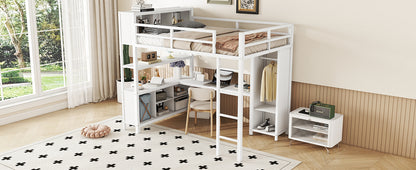 Full Loft Bed with Wardrobe and Shelf White
