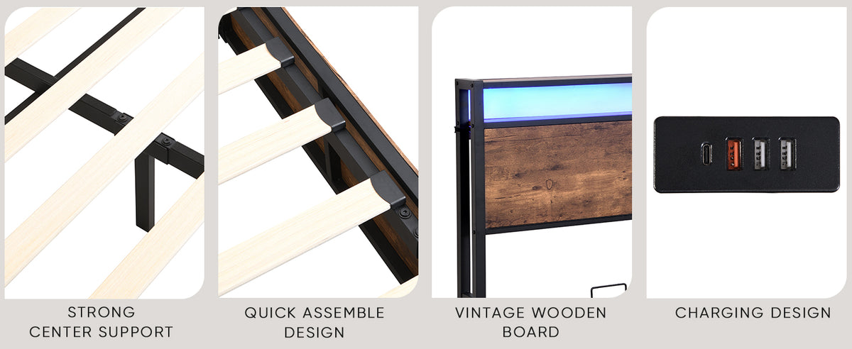 Elevating Platform Bed with LED Headboard Brown