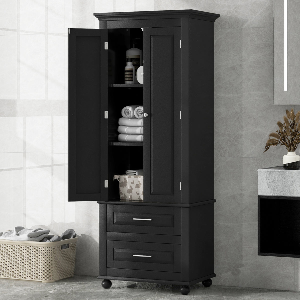 Tall Black Storage Cabinet with Drawers