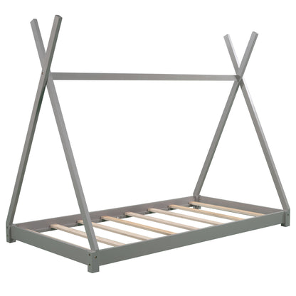 Twin Size Gray House Platform Bed with Triangle Roof