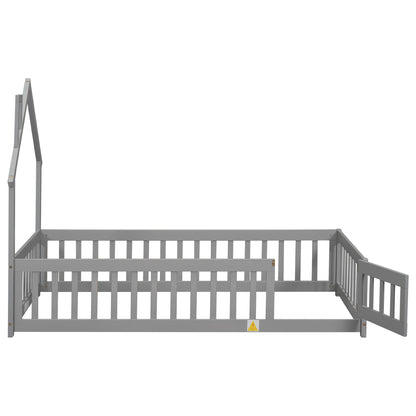 Twin House Bed with Fence Gray