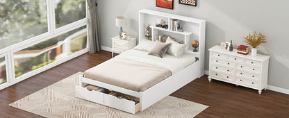Full Platform Bed with Storage Headboard White
