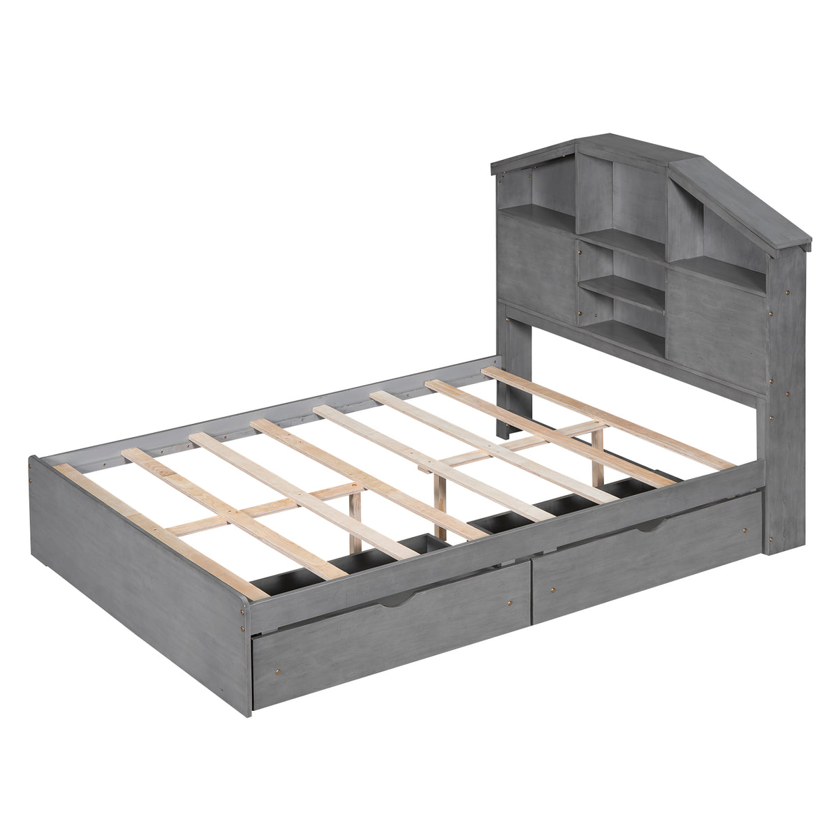 Full Platform Bed with Storage Headboard Gray