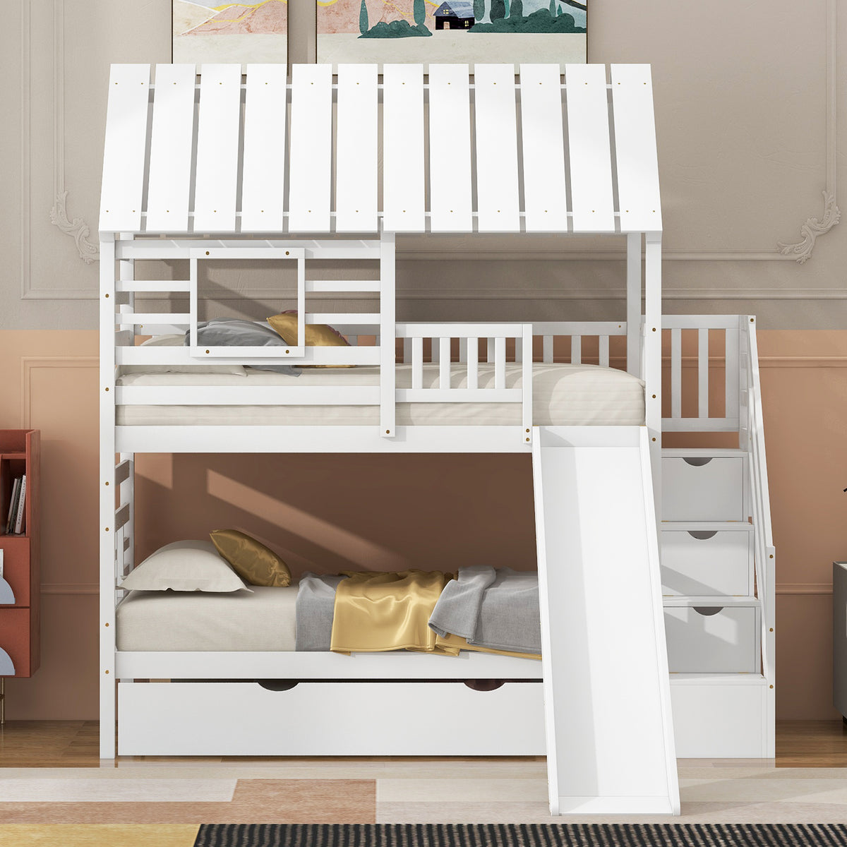 Twin Over Twin Bunk Bed with Roof Staircase White