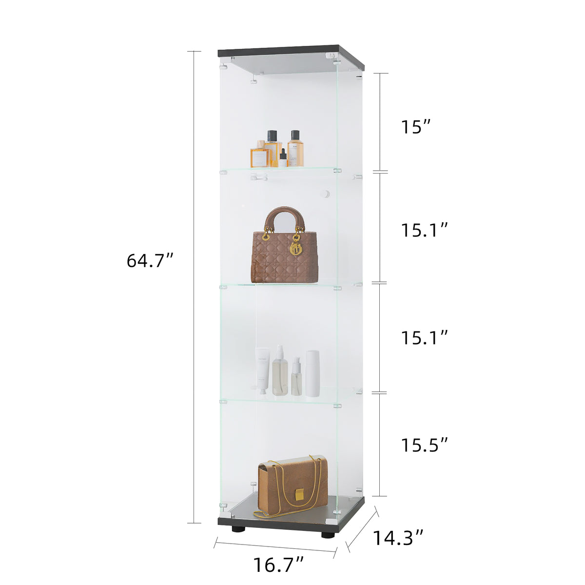 4-Layer Black Glass Display Cabinet with Doors