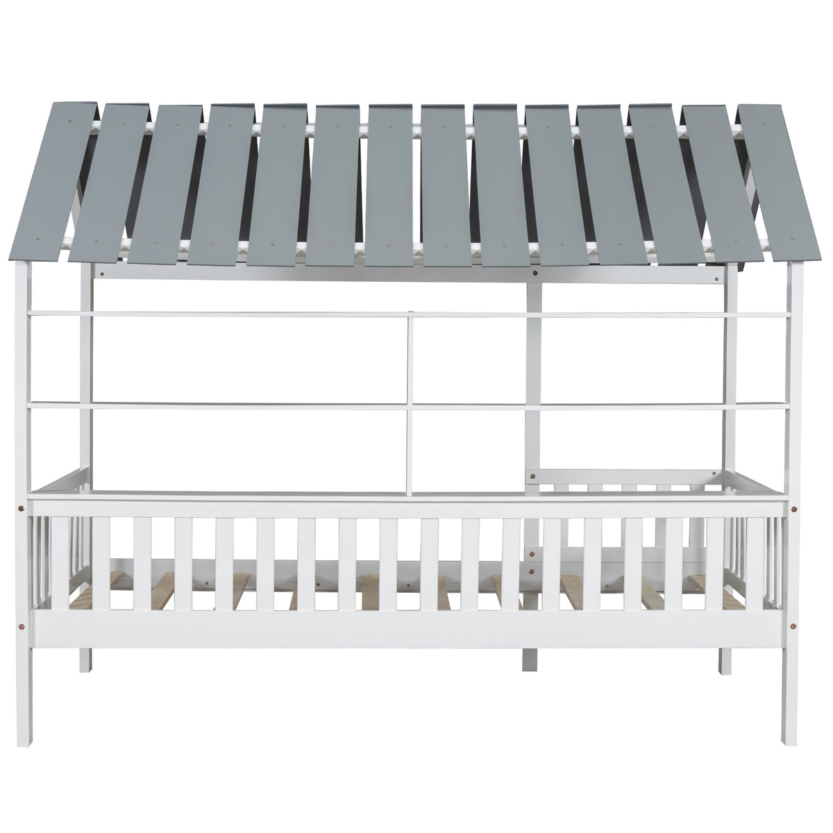 House Bed with Roof and Guardrails White