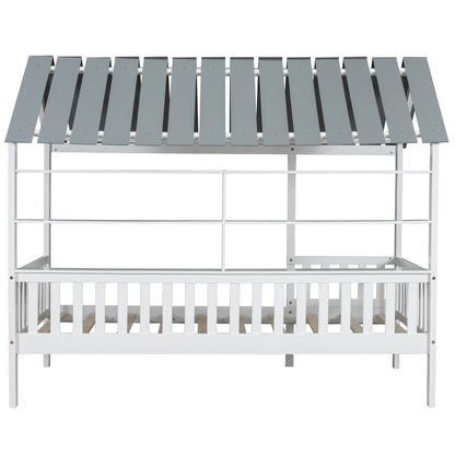 House Bed with Roof and Guardrails White