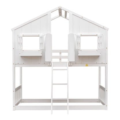 Twin House Bunk Bed with Ladder White