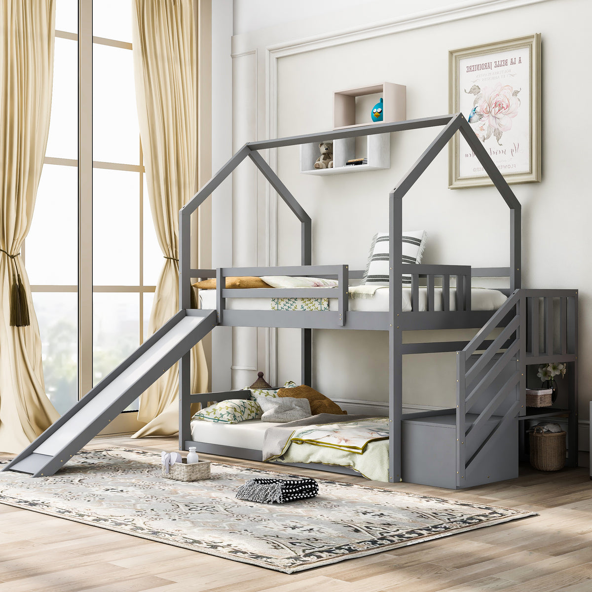 Twin Over Twin Bunk Bed with Storage Gray