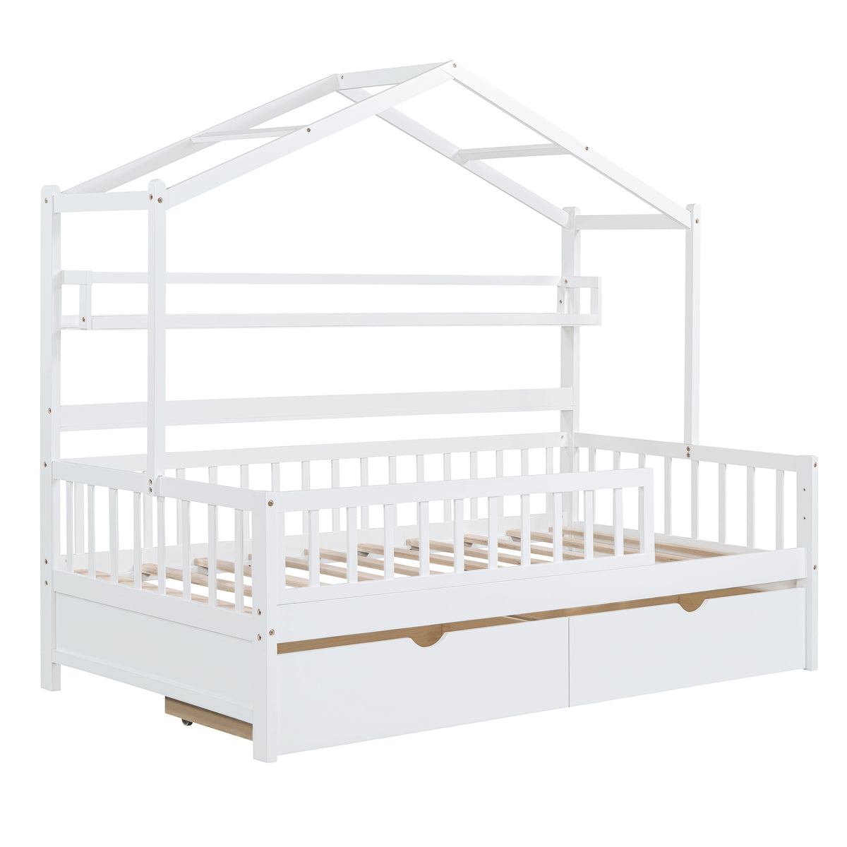 Twin House Bed with Storage Shelf White