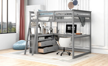 Full Loft Bed with Shelves Gray
