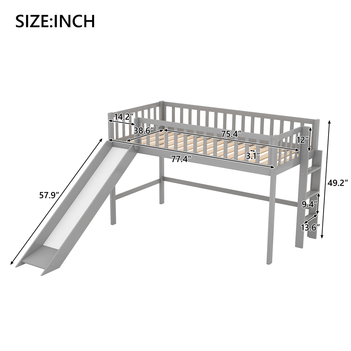 Twin Loft Bed with Ladder and Slide Gray
