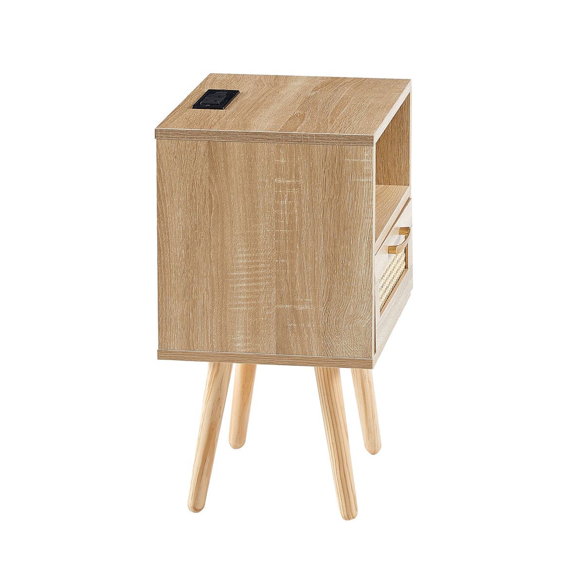 Rattan End Table with USB Ports and Drawer