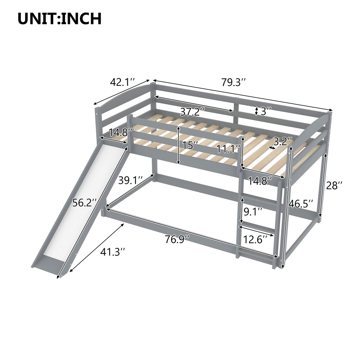 Twin Over Twin Bunk Bed with Slide Gray