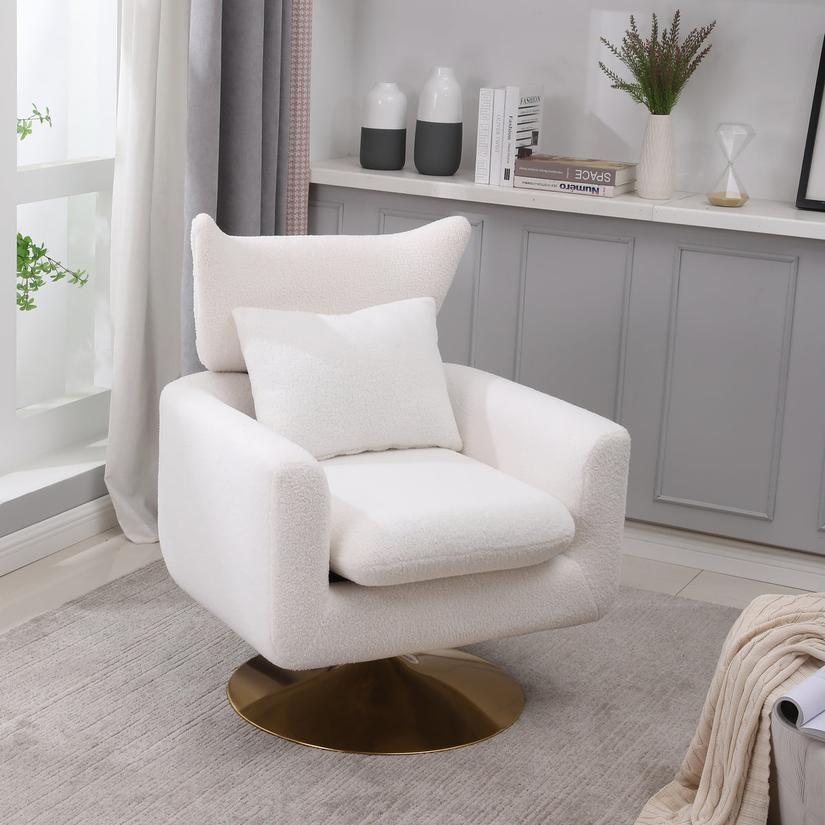 360° Swivel Accent Chair Teddy Fabric White